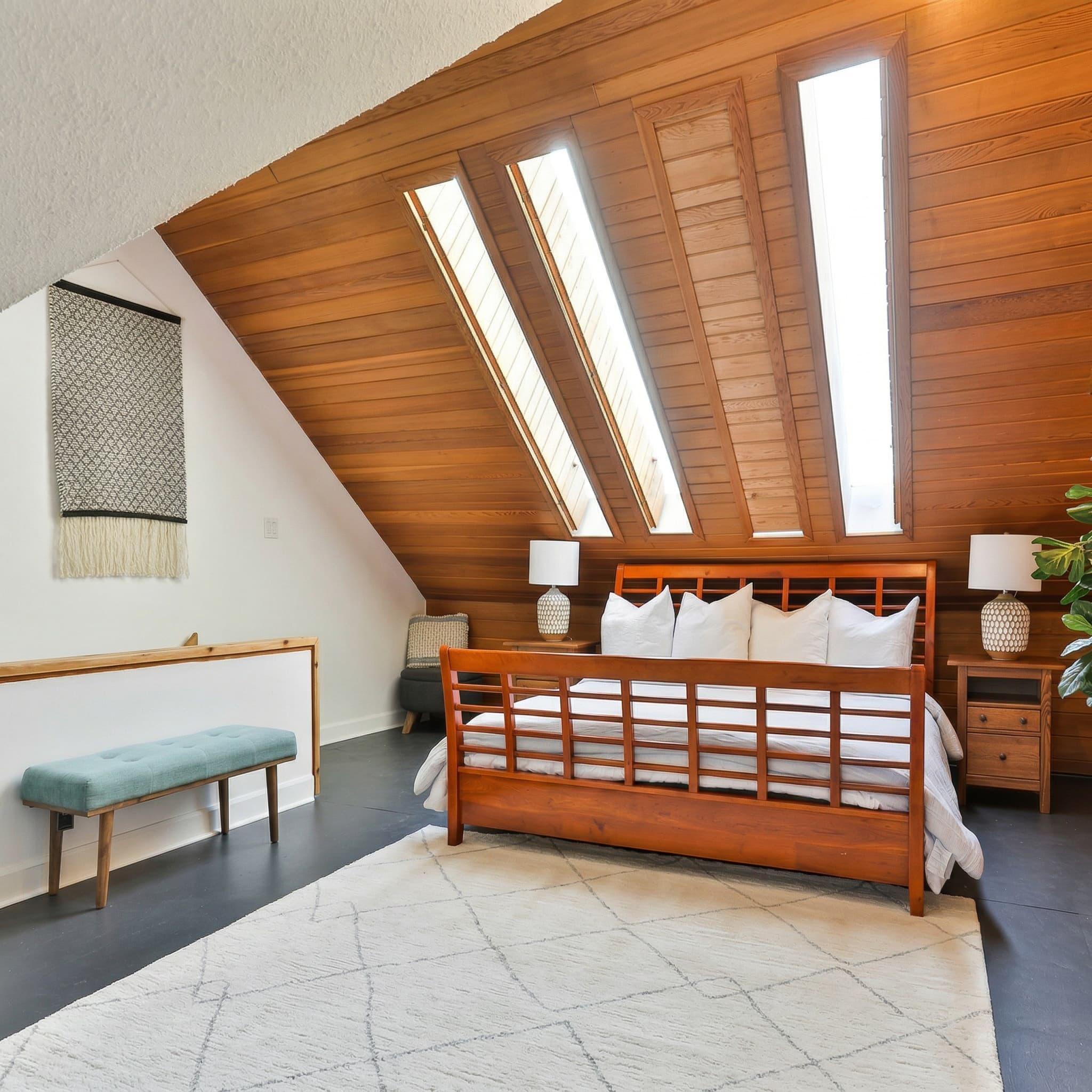 Attic bedroom with cedar ceiling and triple skylights — 36 Ford Street