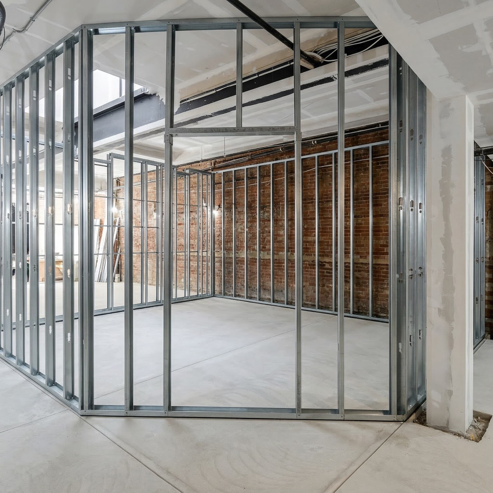 Steel stud framing during active construction — site supervision and trade coordination